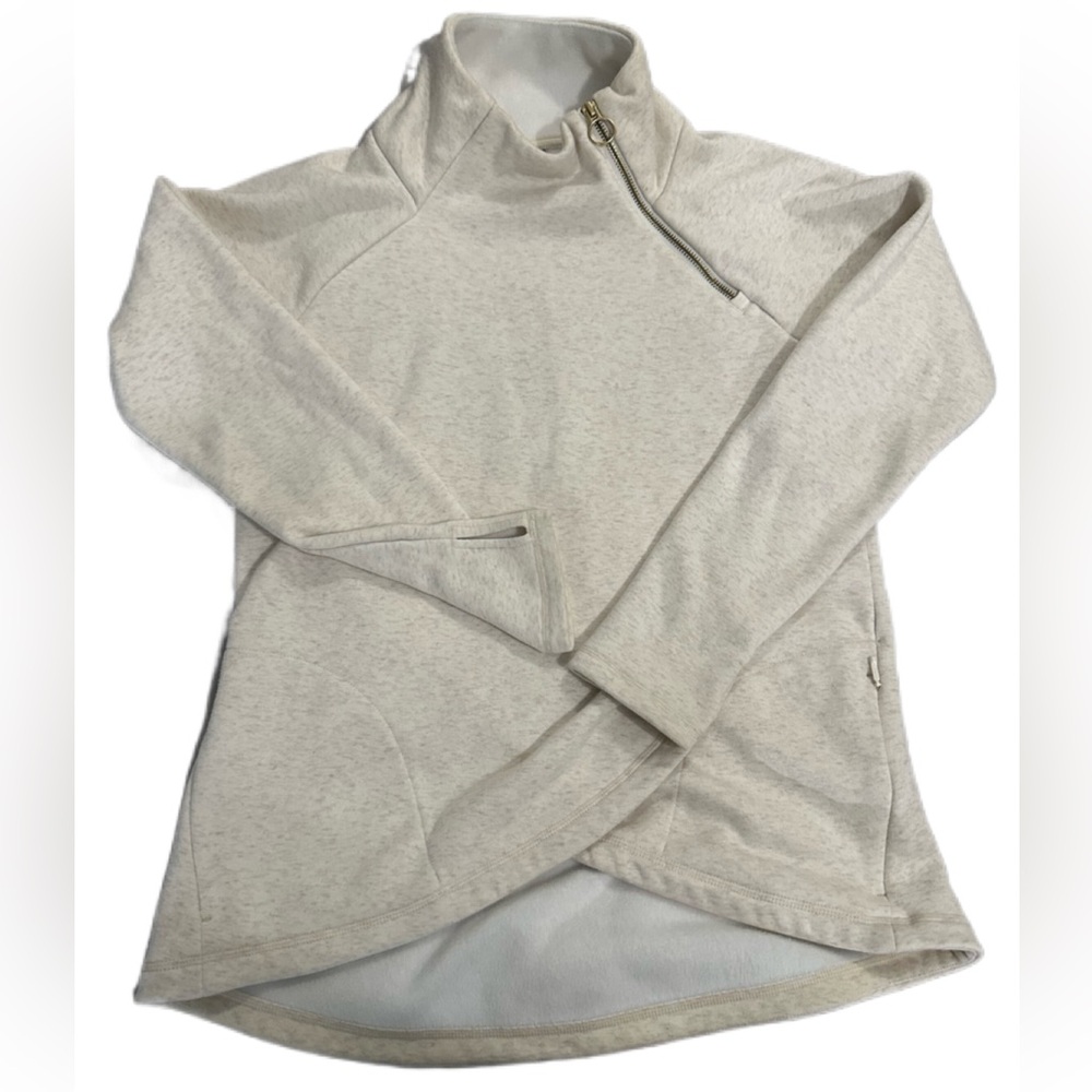 Athleta Cozy Karma Asym Pullover Light Heather Oatmeal White Faux Wrap/Size: S
